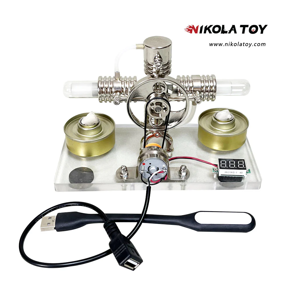 Cross Twin Stirling Engine+Power Generation Device+Voltmeter+LED